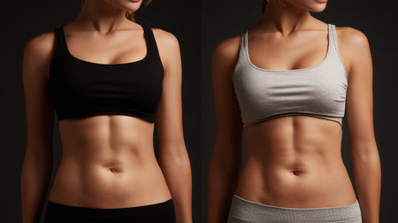 This striking image captures the contrast between two slim female figures in black and gray sports bras, highlighting defined abs against a dark background, symbolizing fitness and motivation.の素材