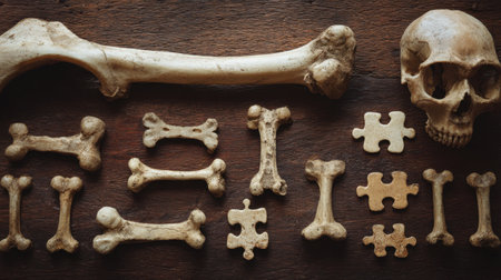 A captivating flat lay of human bones and a skull arranged on a wooden surface, showcasing intricate details and textures in a moody, artistic presentation.の素材