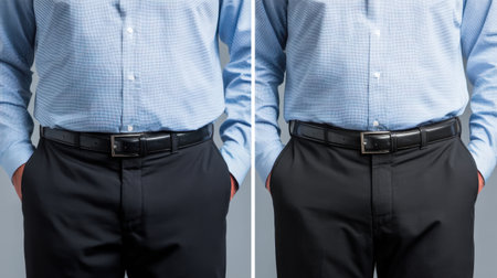 This image features a man in a checkered shirt paired with sleek dress pants, highlighting two different fits, perfect for showcasing professional and stylish looks in fashion content.の素材