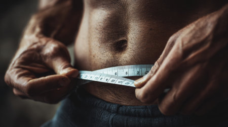 A close-up image of a person measuring their waist with a tape measure, emphasizing determination and focus on health and fitness goals in a personal journey towards well-being.の素材