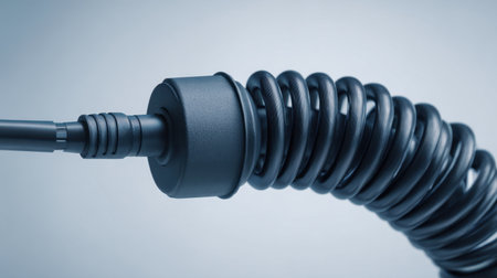 A detailed close-up of a coiled black cable with a connector, showcasing its smooth surface and intricate design, perfect for technology and industrial contexts.の素材