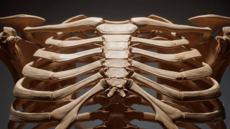 High-resolution anatomical model depicting the rib cage and spine, ideal for medical education, anatomy study, and health science training in a detailed, visually engaging format.の素材