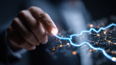 A close-up view of a hand reaching out to connect with glowing digital lines, symbolizing the intersection of technology, business growth, and digital transformation in today's world.の素材