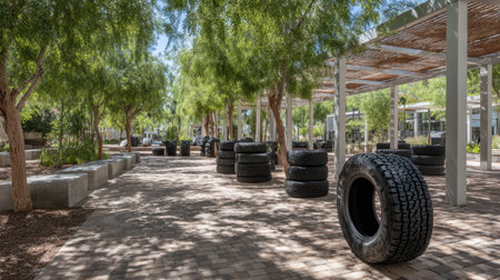 A unique urban park scene with abandoned tires positioned among lush trees and modern structures, highlighting creativity and natural elements in a public space.の素材