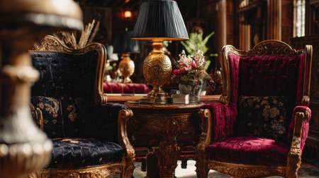 Captivating vintage interior showcases two plush armchairs, an ornate table, and an elegant lamp, perfect for interior design inspiration and adding a touch of luxury to any space.の素材