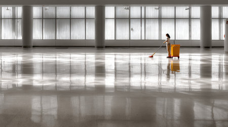 A maintenance worker diligently cleans a polished floor in a commercial space, highlighting the importance of hygiene and upkeep in modern environments with ample natural light.の素材