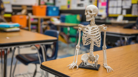 A realistic skeleton model sits on a classroom desk, serving as an educational tool for anatomy and biology lessons. Ideal for enhancing student engagement and learning experiences.の素材