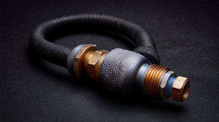 A high-resolution close-up image of a black rubber hose connector with intricate metal fittings lying on a dark background, perfect for industrial or mechanical visuals.の素材