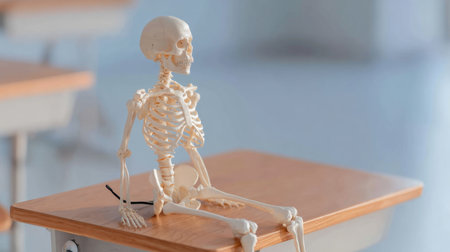 A realistic human skeleton model rests on a wooden table in a spacious classroom, perfect for educational settings that focus on anatomy and biology.の素材
