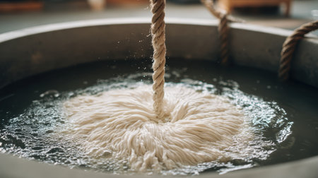 Close-up view of natural fiber being processed in a circular basin, featuring textured strands swirling in water, highlighting craftsmanship and artisanal technique.の素材
