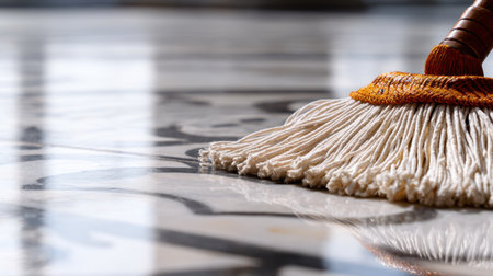 A traditional mop rests on a polished marble floor, showcasing stunning details and reflecting elegance. Perfect image for home care and cleaning themes in interior decor.の素材