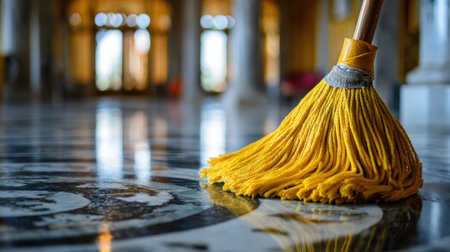 A detailed view of a yellow mop on a polished floor, capturing the elegance of the interior space with reflections and architectural beauty, emphasizing cleanliness and maintenance.の素材