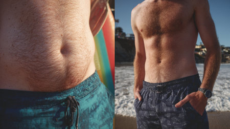 This image features a close-up of a male torso displaying a toned abdomen and chest, set in a vibrant beach environment, perfect for fitness and lifestyle themes.の素材