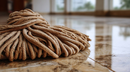 This image features a close-up of a cleaning mop resting on a polished surface, ideal for illustrating home maintenance and cleanliness in a modern interior space.の素材