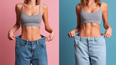 Inspiring image of a woman showing her transformation by holding oversized jeans, emphasizing her weight loss journey and commitment to health and fitness.の素材