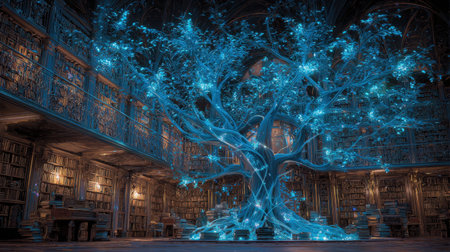 A magical library scene featuring a stunning glowing tree with luminous branches, surrounded by endless bookshelves, creating an enchanting atmosphere of knowledge and imagination.の素材