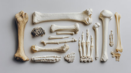 A visually informative arrangement of assorted animal bones showcasing various shapes and sizes, ideal for educational materials, scientific exploration, or forensic analysis.の素材