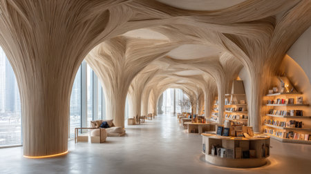 Explore a stunning modern library featuring organic architectural elements, natural light, and inviting reading areas that inspire creativity and relaxation.の素材