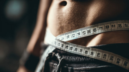 Close-up view of a human waist showcasing a measuring tape, illustrating progress in weight management and the pursuit of a healthier lifestyle through fitness and nutrition.の素材