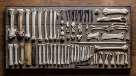 A detailed arrangement of various animal bones on a wooden base, ideal for education and research, showcasing anatomy and biodiversity in an organized presentation.の素材