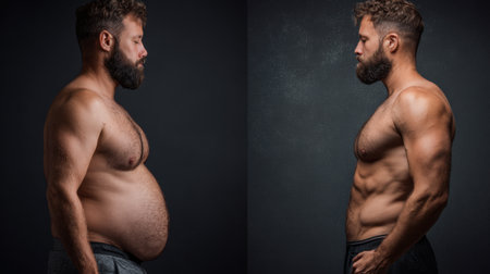 This image captures the remarkable transformation of a male body, highlighting the journey from an untoned physique to a sculpted, strong appearance, emphasizing health and dedication.の素材