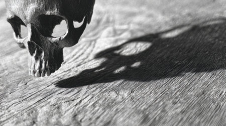 This black and white image of a skull elegantly captures the interplay of light and shadow, evoking themes of mortality and artistry through its detailed texture and composition.の素材