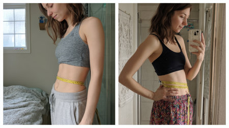 A woman stands in a personal space comparing body measurements with a tape, reflecting her journey toward a healthier lifestyle and embracing self-confidence.の素材