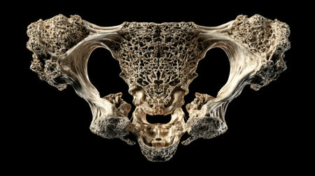 This captivating 3D rendering of a human pelvis highlights its intricate structure, showcasing the unique design of the bone against a striking black background for visual impact.の素材