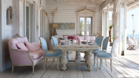 A beautifully designed coastal dining room featuring elegant furniture in soft pink and blue tones, perfect for casual gatherings or intimate dinners by the ocean.の素材