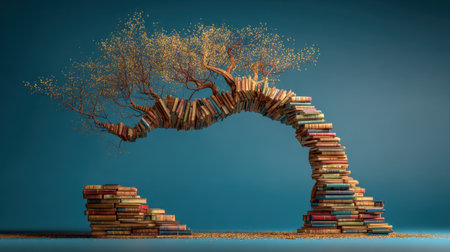 This captivating artwork features a tree made of books, symbolizing knowledge and creativity, set against a striking blue backdrop, evoking imagination and inspiration.の素材