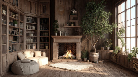 A cozy living room styled with wooden elements, a warm fireplace, and lush greenery creates a serene space ideal for relaxation and reading. Bright sunlight enhances the inviting atmosphere.の素材