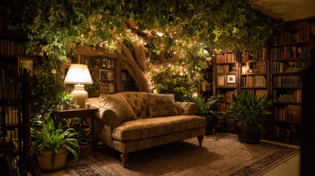 A charming reading nook with an elegant sofa under a beautifully lit tree, surrounded by shelves filled with books and lush green plants, perfect for relaxation and inspiration.の素材