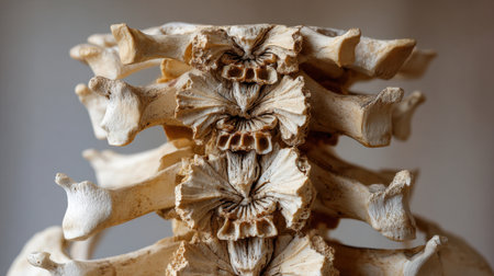 Close-up view of vertebrae model illustrating unique structure and texture, perfect for educational purposes in anatomy, healthcare, and medical training.の素材
