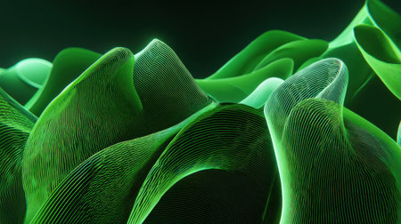 Experience a stunning visual of abstract green waves, showcasing flowing patterns and light effects, perfect for backgrounds or artistic inspirations in digital projects.の素材
