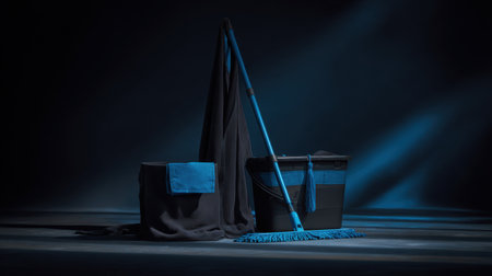 This artistic still life showcases essential cleaning supplies, featuring a mop, bucket, and cloth in captivating blue tones, ideal for cleaning and hygiene concepts.の素材