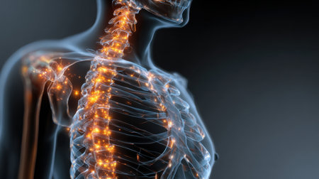 This digital artwork showcases a glowing skeleton and nervous system, highlighting the detailed anatomy of the human body, perfect for educational and medical use.の素材