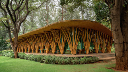 This striking bamboo structure harmonizes with its natural surroundings, showcasing innovative eco-friendly architecture that blends creativity and nature gracefully.の素材