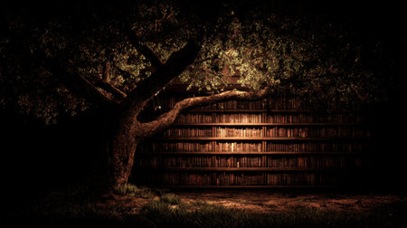 A beautiful tree stands next to a dimly lit library, casting enchanting shadows on shelves filled with books, creating a serene and mystical atmosphere for readers and thinkers alike.の素材