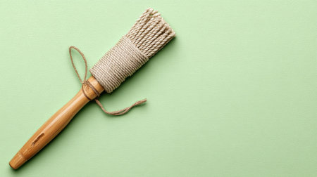 This image features a rustic handmade craft tool with a natural wooden handle and twine, beautifully set against a soft pastel green background for creative inspiration.の素材