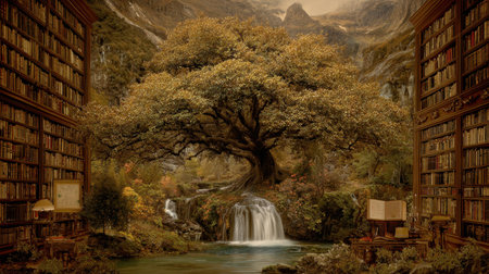 A captivating library scene featuring a grand tree and a gentle waterfall, offering a tranquil escape into a dreamlike world filled with books and nature's beauty.の素材