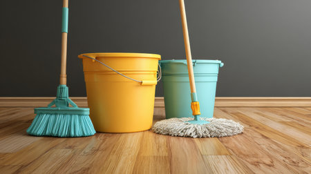 A vibrant scene featuring colorful cleaning supplies arranged neatly on a polished wooden floor, perfect for illustrating effective home or office cleaning tasks and hygiene practices.の素材
