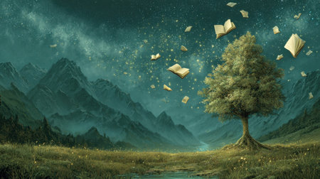A stunning depiction of an enchanted landscape featuring a solitary tree with floating books, against a backdrop of majestic mountains and a starry sky, inviting viewers into a world of imagination.の素材