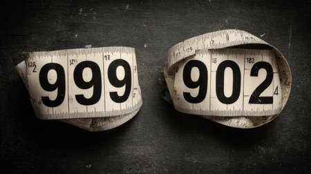 Vintage measuring tape with numbers 999 and 902 displayed on a dark surface, perfect for themes of craftsmanship and detailed measurement in various creative projects.の素材