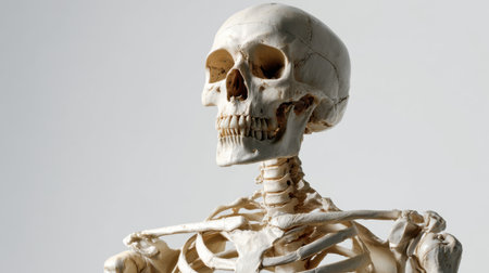 Detailed human skeleton model against a soft background, ideal for educational purposes, medical studies, and artistic display, highlighting key anatomical features.の素材