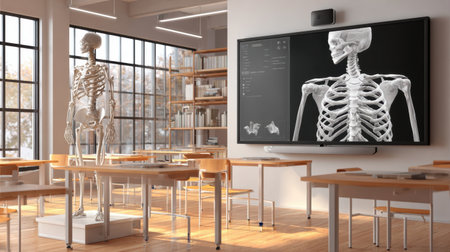 A well-equipped classroom featuring a life-size skeleton model and an interactive digital anatomy display, creating an innovative atmosphere for students in their educational journey.の素材