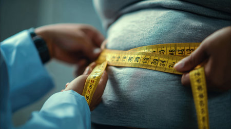 A healthcare professional measures waist circumference using a measuring tape to assess health and wellness, focusing on obesity, nutrition, and body composition.の素材