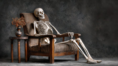 A tranquil scene featuring a skeleton seated in a vintage armchair, surrounded by decorative elements. The soft lighting highlights the unique blend of whimsy and realism in this still life composition.の素材