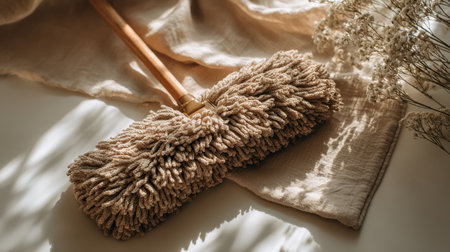 A serene arrangement of a natural mop on soft textiles, illuminated by gentle light. This image evokes a cozy and clean atmosphere, ideal for home and cleaning inspiration.の素材