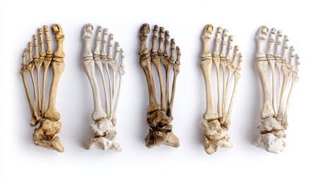 Display of human foot bones showing various preservation states. Ideal for educational use, anatomy studies, and scientific exploration in medical and biological fields.の素材