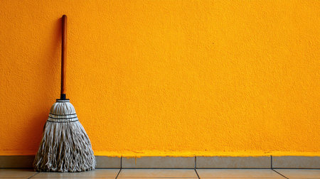 A vibrant orange wall complements a simple broom, emphasizing cleanliness and aesthetics in a modern home setting. Ideal for cleaning and maintenance themes.の素材
